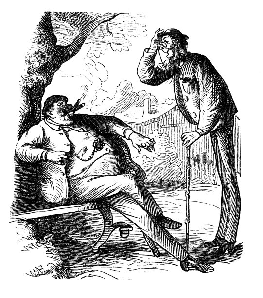 一个穿着考究的胖子坐在公园的树下抽着两根雪茄。一个戴眼镜的高个子男子对着正在吸烟的男子做手势。幽默的场景-插图1867图片下载