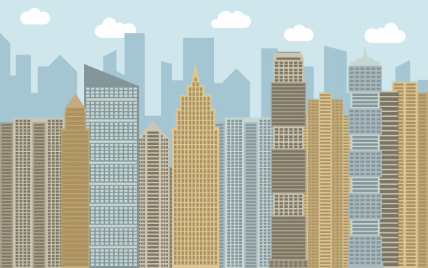 矢量城市景观插图。阳光明媚的日子，街景与城市景观，摩天大楼和现代建筑。图片下载