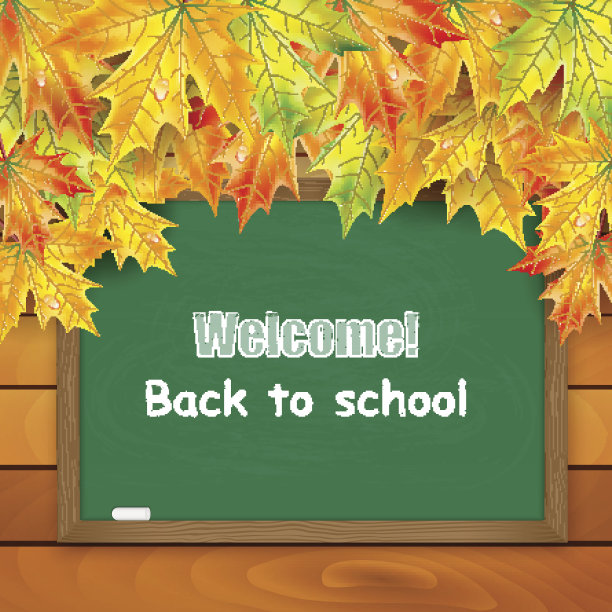 学校董事会和秋天的枫叶在木墙的背景图片下载