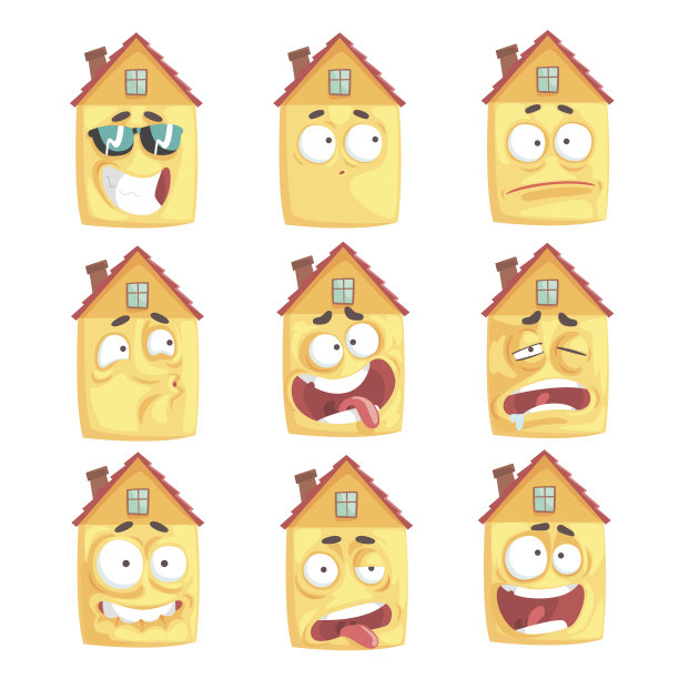 可爱的卡通人性化的房子与许多表达集矢量插图图片下载