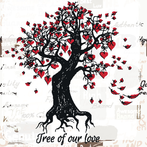 矢量手绘的情人节树与我们的爱情红心树图片下载