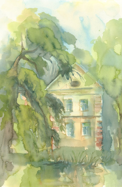 景观与老房子，城市景观水彩图片下载