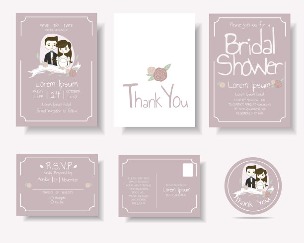 一套卡通新人婚礼请柬。图片下载