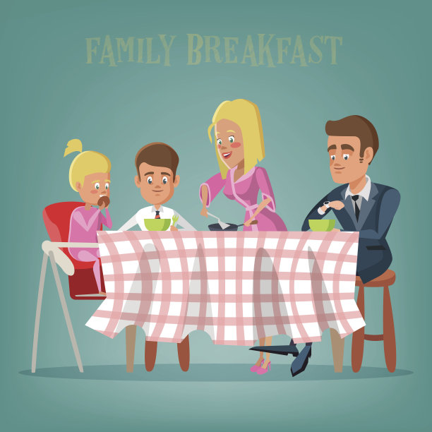 幸福家庭在厨房吃早餐图片下载