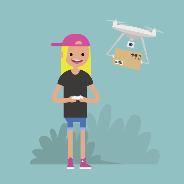 无人机的送货服务。年轻的女性角色控制一个无人机与遥控器/平面可编辑矢量插图，剪辑艺术图片下载