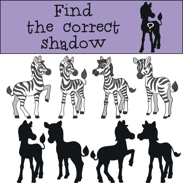 教育游戏:找到正确的影子。小可爱的斑马。图片下载
