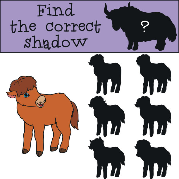 教育游戏:找到正确的影子。小宝贝牦牛。图片下载
