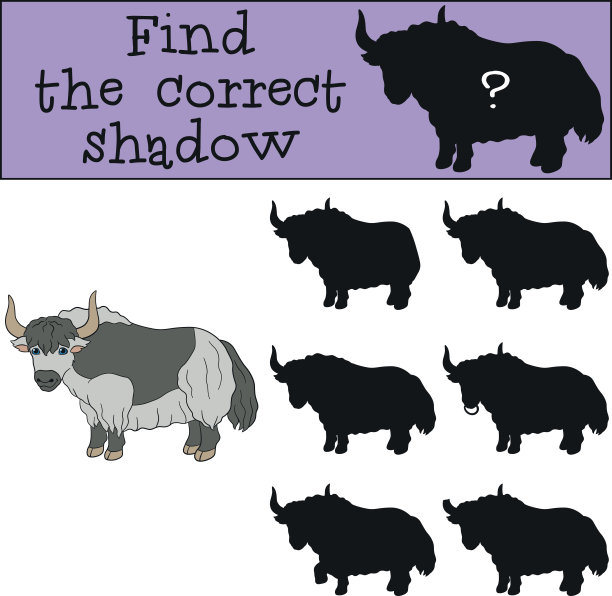 教育游戏:找到正确的影子。可爱美丽的牦牛。图片下载