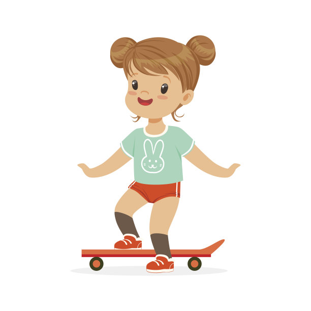 女孩踩着滑板，孩子们暑期活动色彩缤纷的人物矢量插画图片下载