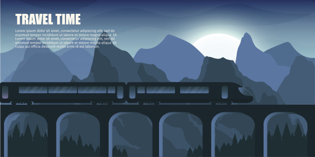 户外旅游列车与山桥矢量彩色横幅旅游横幅设置。图片下载