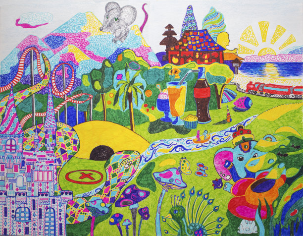 彩色梦幻世界手绘插画。彩色笔画画。图片下载