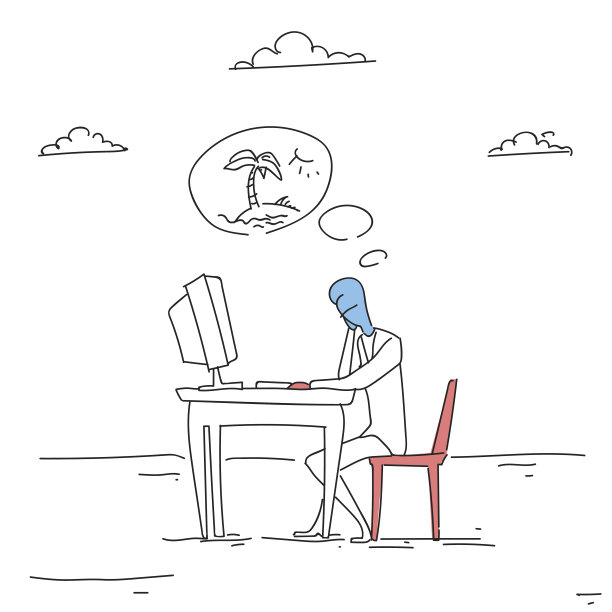 正在用电脑工作的商人正在考虑去海滨度假图片下载