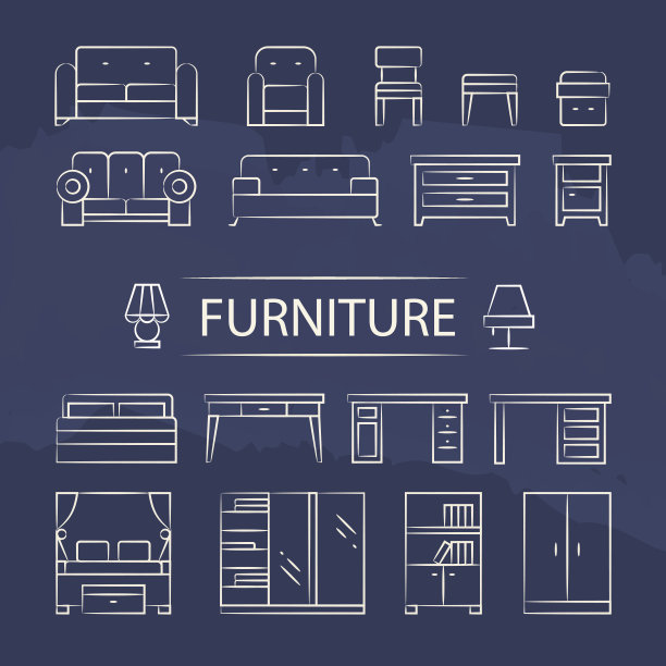 客厅家具和台灯的线条图标集图片下载