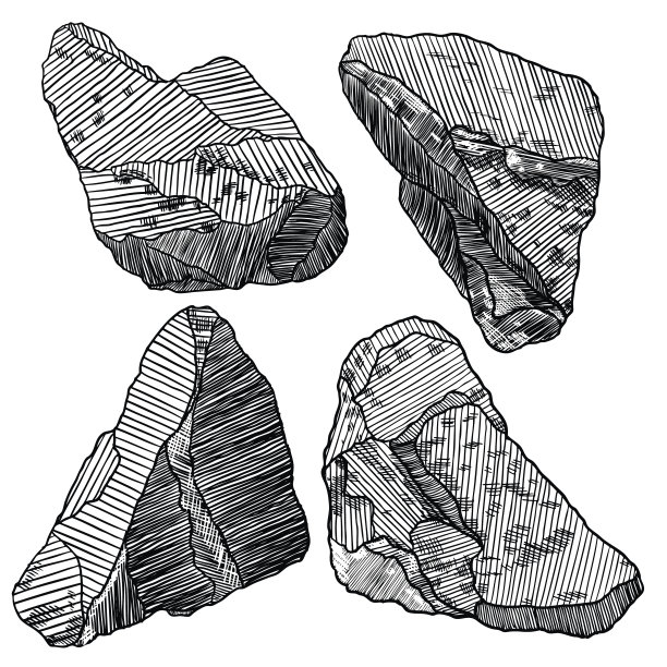 大型集写实手绘素描石头和岩石。不同的砌石、卵石、大理石、砖、矿物卵石隔离。地球魔法神圣元素。向量。图片下载
