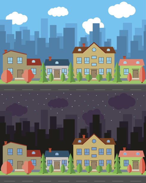 向量城市有四座一、二层的卡通房子，白天和晚上。夏天的城市景观。图片下载