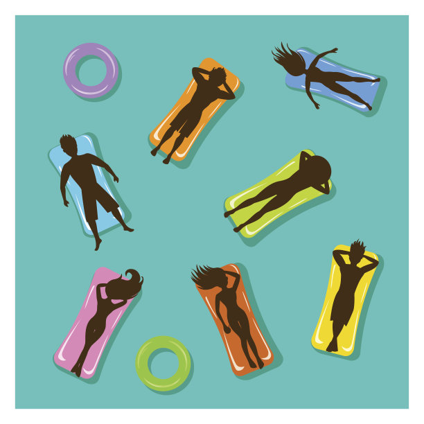 男人和女人游泳漂浮在充气床垫上的游泳池剪影夏天的海滩背景图片下载