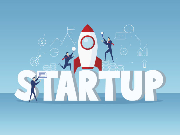 大词创业概念。商人启动火箭，图标和元素。图片下载