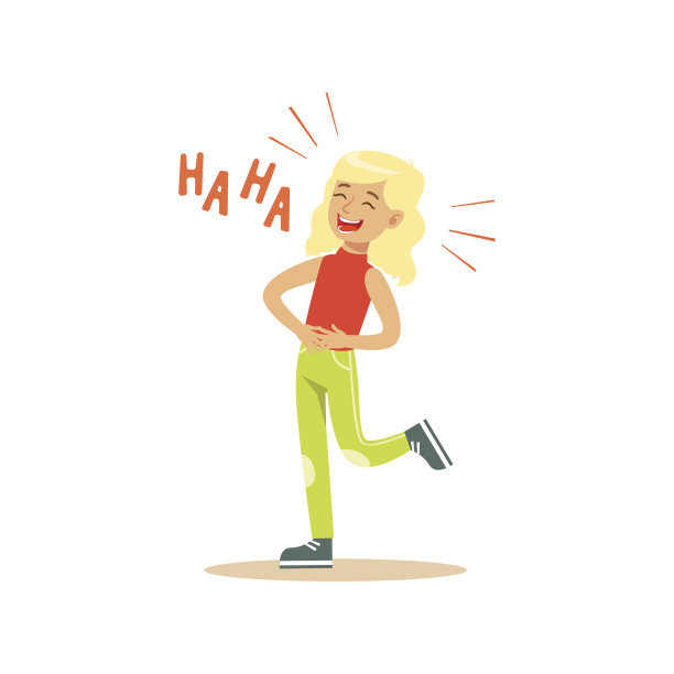 金发女孩笑得很大声，抱着她的腹部彩色人物矢量插图图片下载