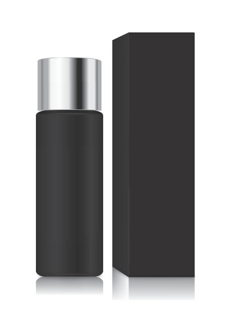 黑色瓶子与银盖和盒子在一套孤立。图片下载