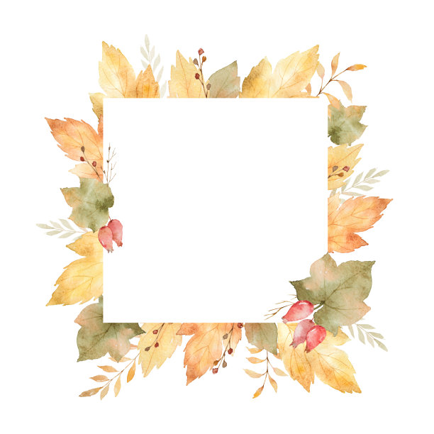 水彩方形框架的树叶和树枝孤立在白色的背景。素材图片
