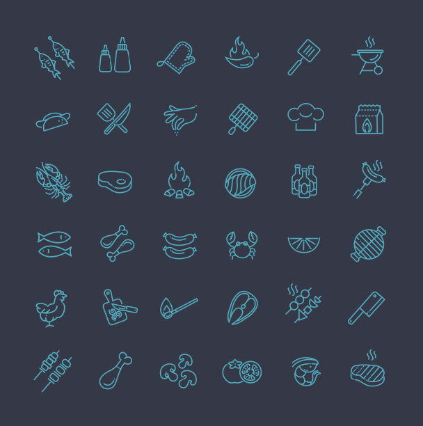 简单的一组烧烤相关的矢量线图标。图片下载