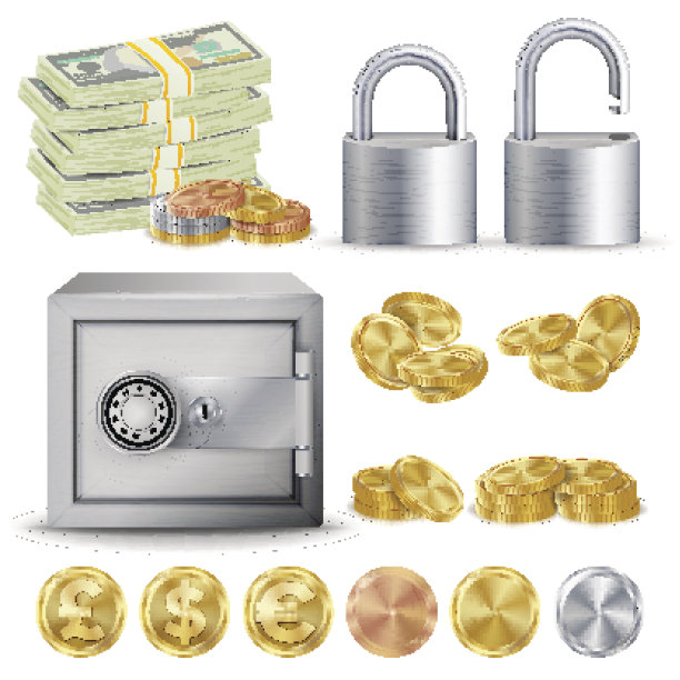 金融安全概念向量。采购产品金，银，铜金属硬币空白，钱，钞票堆栈，挂锁，保险柜。美元，欧元，英镑商业投资插图孤立图片下载