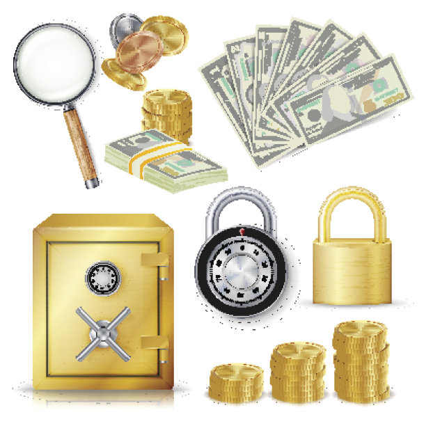 金钱安全概念矢量。采购产品黄金金属硬币，货币纸币堆栈，加密挂锁，安全，真实的放大镜。商业投资插图孤立在白色背景图片下载