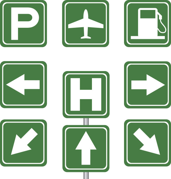 绿色汽车服务和交通标志与杆子图片下载