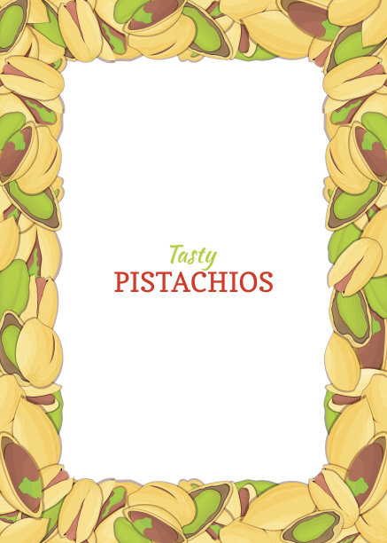 垂直长方形的彩色框架由美味的开心果组成。矢量插图。黄连木果架、核桃果壳、全果、去壳、叶为食品包装设计图片下载
