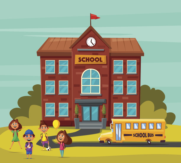 回到学校。院子里的孩子们。卡通矢量图图片下载