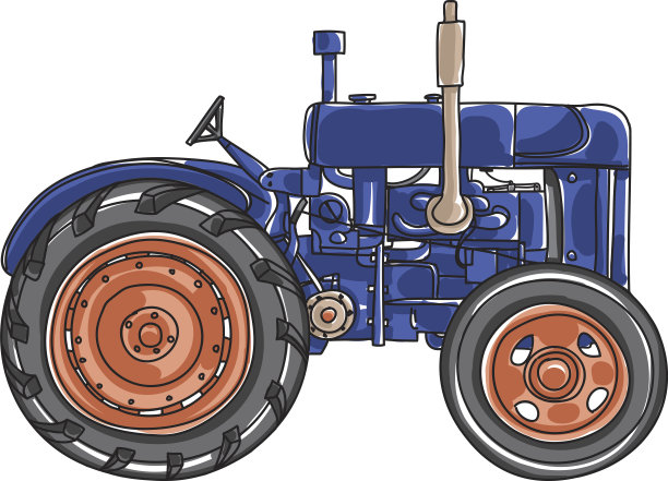 深蓝色的旧拖拉机古董手绘制可爱的矢量线艺术插图图片下载