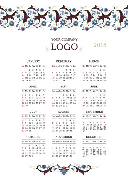 2018年华丽装饰日历。图片下载