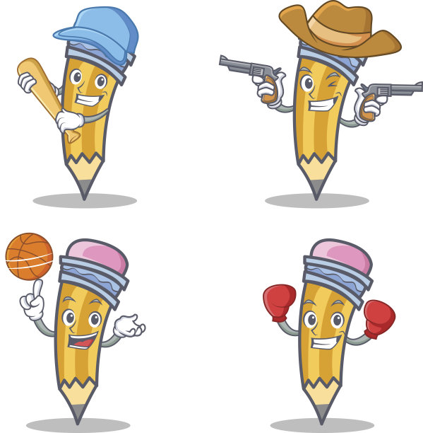 一套铅笔字符棒球牛仔篮球拳击矢量插图图片下载