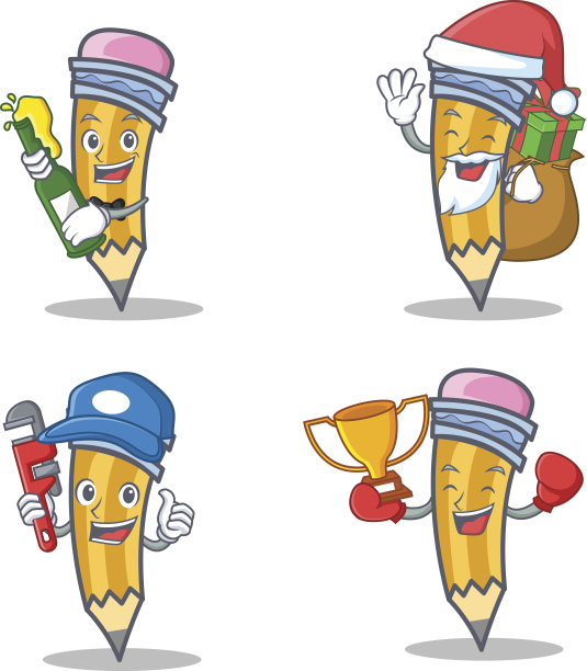 一套铅笔字符与啤酒礼物水管工赢家矢量插图图片下载