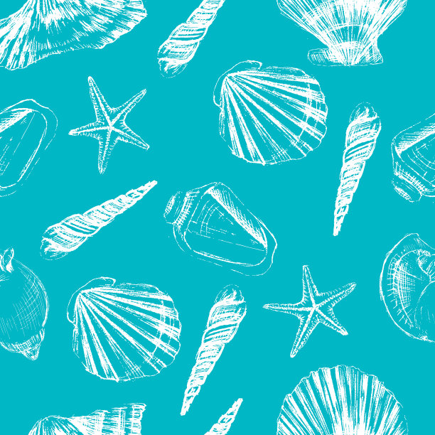 海贝手绘矢量图形蚀刻素描孤立在蓝色背景上，无缝图案，水下艺术海洋蓝色纹理，设计贺卡，装饰纺织品，水上织物图片下载
