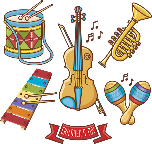 乐器。孩子们的玩具。集。小提琴，鼓，钟琴，沙槌，图片下载