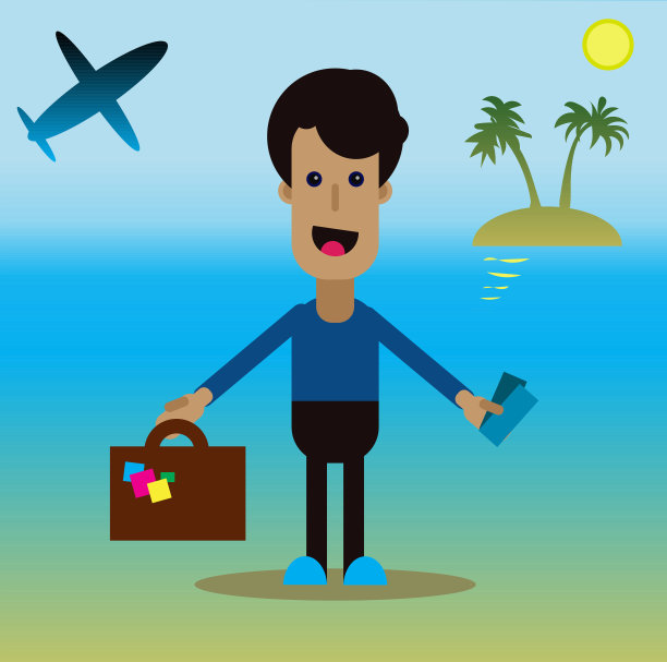 一个带着箱子的男人在海滩上。图片下载