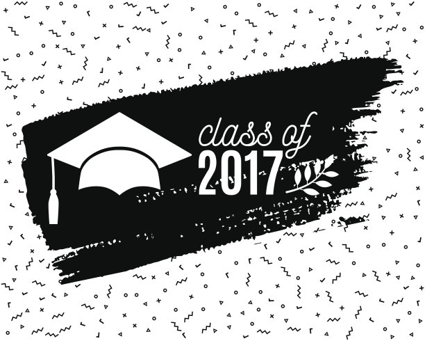 2017届毕业生贺卡与帽子，月桂和水墨笔触在复古风格的背景邀请，横幅，海报，明信片。毕业向量模板图片下载
