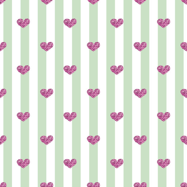 无缝的粉红色心形在绿色条纹的背景上闪闪发光图片下载