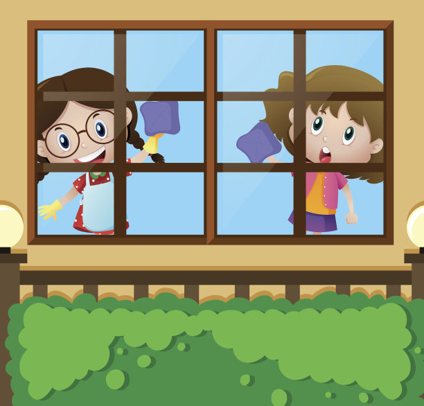 两个女孩在家里擦窗户图片下载