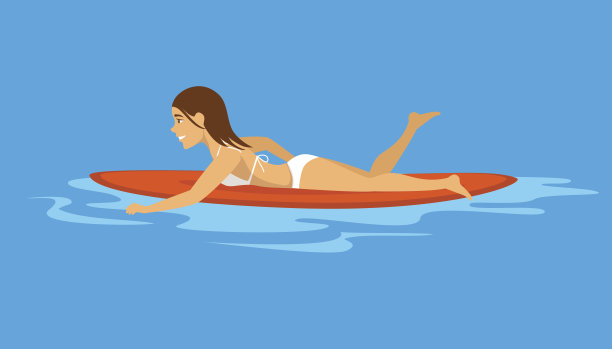 女子冲浪运动员在冲浪板上游泳图片下载