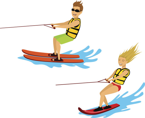男人和女人骑滑水和尾流板孤立的卡通矢量插图图片下载