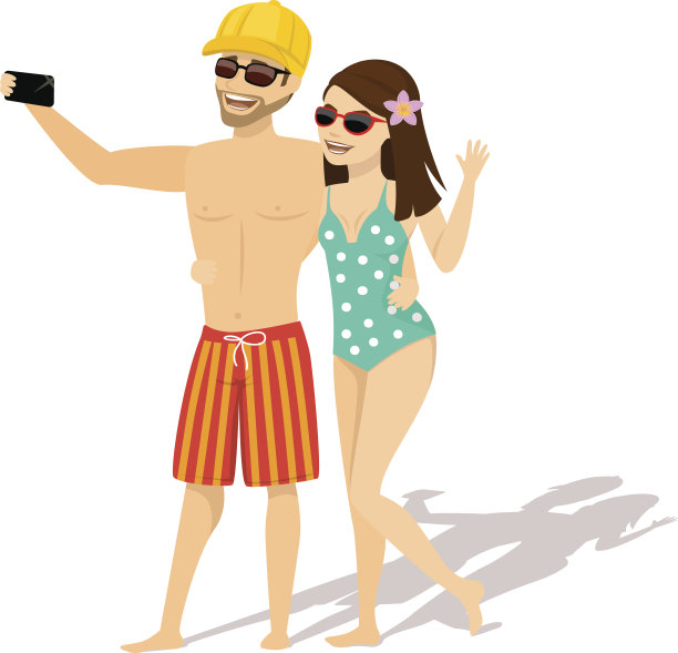 情侣，男人和女人穿着泳衣，戴着太阳镜自拍在他们的夏季假期，假期图片下载