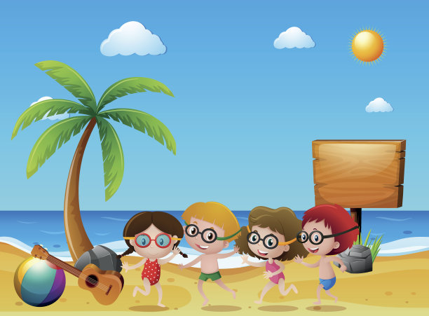 孩子们在海滩上的海洋场景图片下载