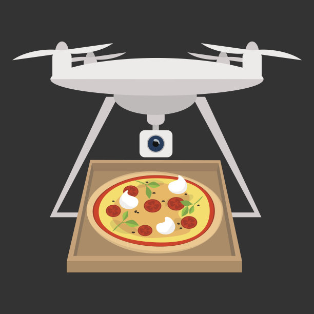 披萨外卖服务。无人机交付/平面可编辑矢量插图，剪辑艺术图片下载