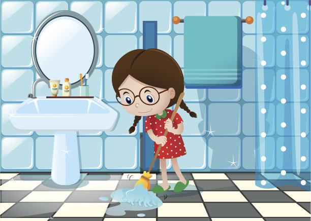 小女孩在浴室里拖地图片下载