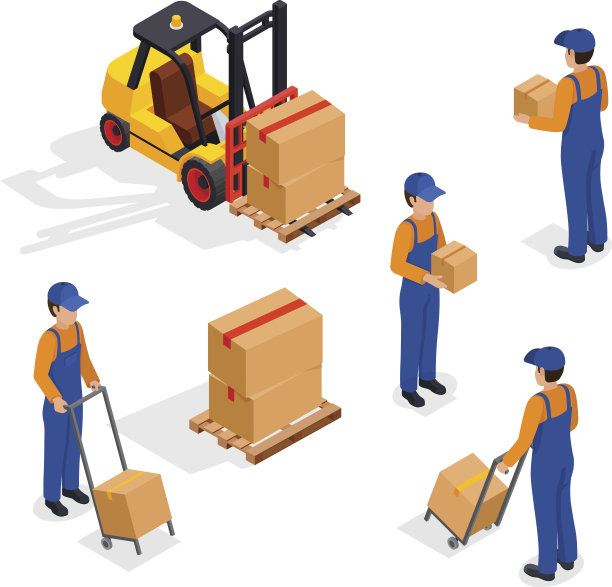 叉车与送货工人隔离在白色背景，车辆叉车拿起一个盒子图片下载