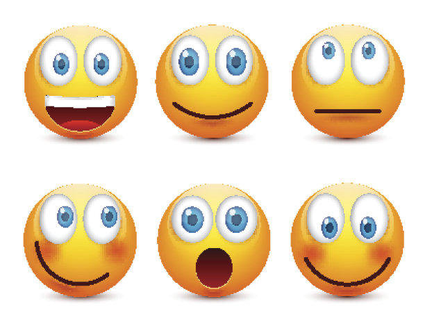 蓝眼睛的笑脸，表情包。黄脸带着情绪。面部表情。3 d现实emoji。伤心,高兴,生气的脸。有趣的卡通人物。情绪。矢量插图图片下载