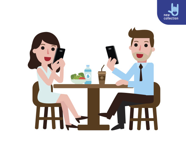商人和女人坐在餐馆里打电话。智能手机的生活方式概念。矢量平面卡通人物设计插图。孤立在白色背景上。图片下载