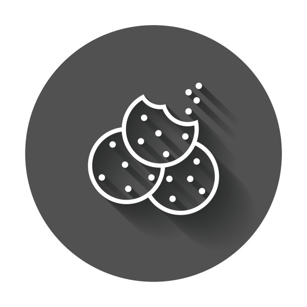 饼干平面矢量图标。芯片饼干插图。甜点食品象形图上黑色的圆形背景上有长长的阴影。图片下载